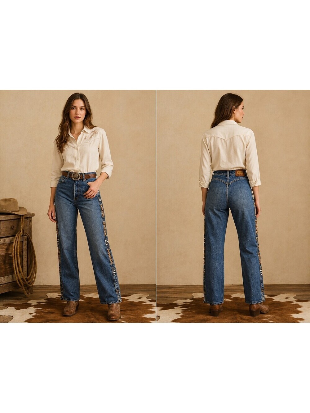 Vintage 90s Lawman Western Bareback Jeans 7/8 Studded Lace Up Sides Cowgirl